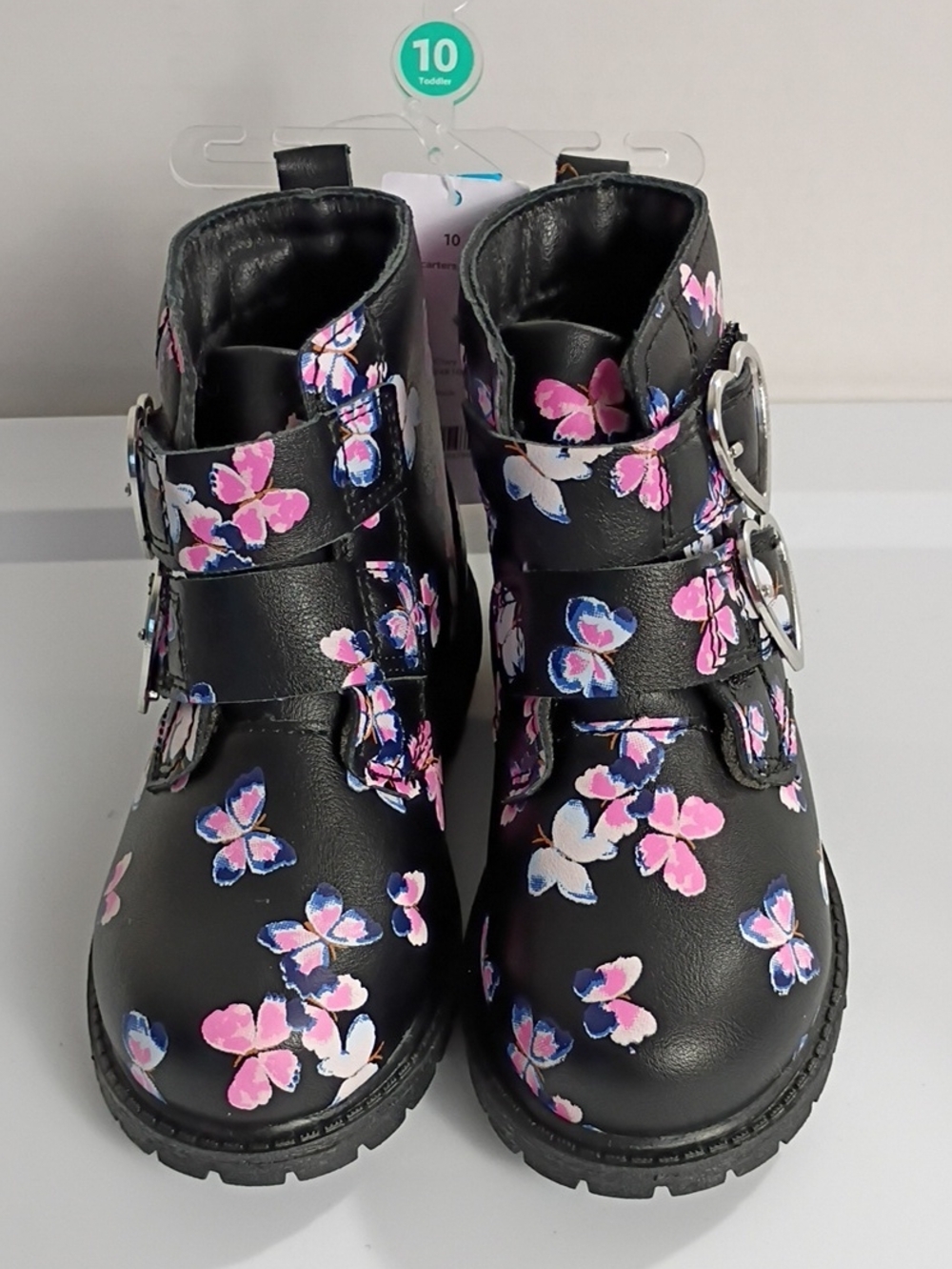 CARTER'S Black Ankle Boots Heart-Buckles with Pink & Blue Butterflies SIZE 10